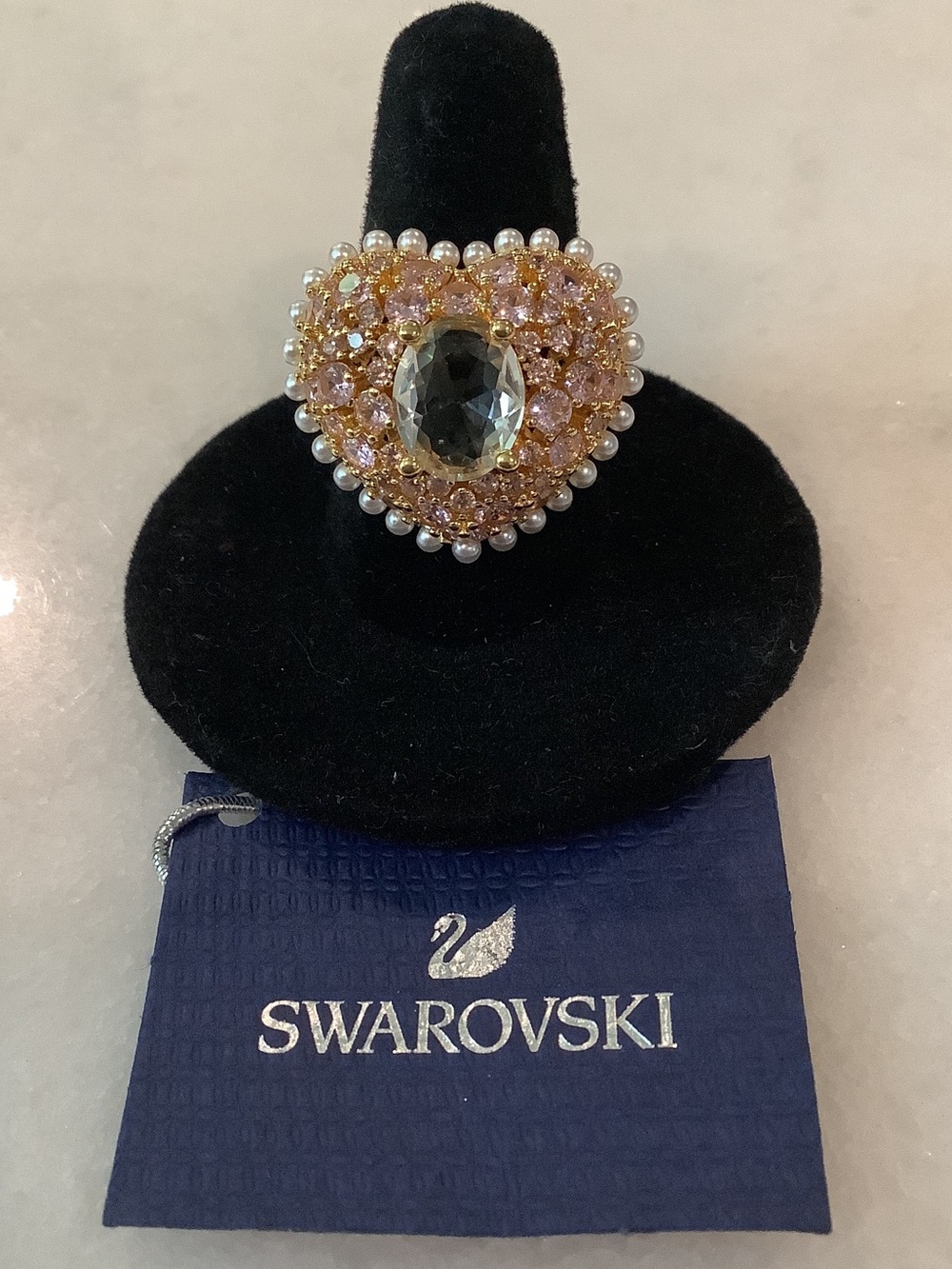 Swarovski Idyllia Heart Cocktail Ring w/ Pink Crystals, Clear Center, Brand New